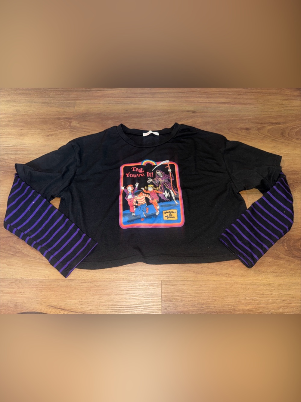 Romwe HOBBIES & GAMES Tag You’re it! Size M Black Shirt Purple Strip Sleeves